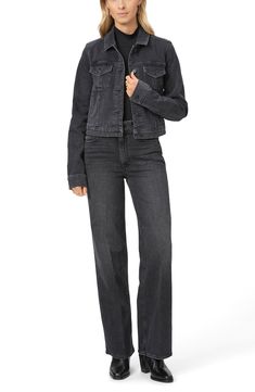 The perfect mix of casual and sophisticated, these superhigh-rise jeans flaunt full-length straight legs that are creased for trouser-inspired style.  32" inseam; 21" leg opening; 11 3/4" front rise; 16" back rise (size 29) Zip fly with button closure Five-pocket style 94% cotton, 5% polyester, 1% elastane Machine wash, line dry Imported Chic Washed Black Jeans For Work, Washed Black Flare Jeans For Workwear, Chic Straight Silhouette Jeans For Workwear, Chic Straight Jeans For Fall, Washed Black Flare Jeans For Workwear In Fall, Fall Workwear Flare Jeans In Rigid Denim, Fall Rigid Denim Flare Jeans For Workwear, Rigid Denim Straight Hem Pants For Fall, Chic Flare Jeans With Straight Hem For Fall