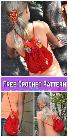 the crochet bag is made from yarn and has flowers on it