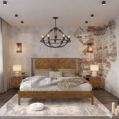 a bedroom with brick walls and a bed in the middle, surrounded by two lamps