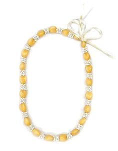 a yellow and white beaded necklace with silver beads