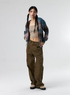 Diagonal Waist Cargo Pants IS322 - Acubi style | LEWKIN Acubi Style, Waist Cargo Pants, Brass Beads, School Looks, Cropped Cami, Style Cardigan, Detail Shop, Body Size, Fashion Games