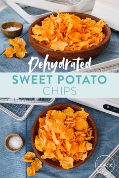 two bowls filled with sweet potato chips on top of a blue cloth