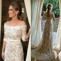 two pictures of the same woman in wedding dresses, one is wearing an off - shoulder dress