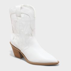 Refresh your shoe collection with these Jacey Western Ankle Boots from Universal Thread™. Made from faux leather with a pointed closed toe and a curved topline, these white boots are adorned with decorative stitched detailing. They sport a side zipper closure for a smooth fit and boast a cushioned insole and soft fabric lining for comfortable wear, complemented by a 2.5-inch Western heel that adds height. Universal Thread™: Found exclusively at Target. Spring Stacked Heel Snip Toe Heels, Cowgirls Boots, Boots Target, Knee High Combat Boots, Cute Cowgirl Boots, Heel Combat Boots, White Cowgirl Boots, Color Boots, Wide Width Boots