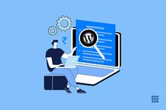 a person sitting on a laptop with the wordpress logo above them and gears coming out of it