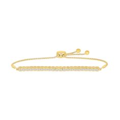 With refined sophistication, this diamond square-link bolo bracelet pairs well with any attire. 10K gold Features a row of square shapes, each centered with a shimmering round diamond 1 ct. t.w. of diamonds 9.0-inch adjustable wheat chain bracelet; bolo clasp Adjustable Classic Gold Bracelet With Cubic Zirconia, Adjustable Yellow Gold Cubic Zirconia Tennis Bracelet, Adjustable Yellow Gold Chain Bracelet With Diamond Accents, Timeless Adjustable Gold Tennis Bracelet, Formal Yellow Gold Diamond Bracelet With Adjustable Chain, Elegant Rectangular Diamond Anniversary Bracelet, Diamond Tennis Bracelet With Adjustable Chain For Formal Events, Classic Yellow Gold Diamond Bracelet With Adjustable Chain, Classic Diamond Bracelet With Adjustable Chain For Formal Occasions