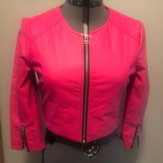 Excellent Condition Never Worn Pink Zipper Closure Outerwear For Spring, Fitted Pink Cropped Jacket For Work, Chic Pink Fitted Cropped Jacket, Trendy Pink Leather Jacket For Spring, Chic Pink Leather Jacket For Work, Fitted Pink Outerwear With Zipper Closure, Trendy Pink Fitted Cropped Jacket, Trendy Fitted Pink Cropped Jacket, Spring Pink Cropped Jacket For Work