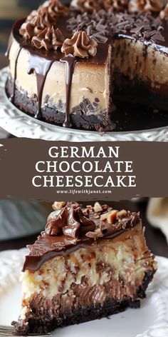 german chocolate cheesecake on a plate with a slice cut out and the rest eaten