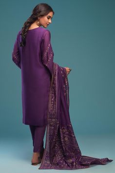 Naveen (Three Piece)– Zaaviay Purple Slub Silk Wedding Set, Elegant Purple Kurta With Sheer Dupatta, Transitional Purple Anarkali Set For Designer Wear, Purple Cotton Silk Kurta With Resham Embroidery, Purple Slub Silk Dupatta For Designer Wear, Purple Resham Embroidery Cotton Silk Kurta, Purple Silk Set With Sheer Dupatta, Purple Silk Traditional Wear With Dabka, Purple Anarkali Set With Straight Kurta And Dabka Work