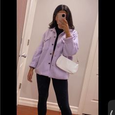 Thick Soft Shirt Jacket, Oversized Front And Side Pockets(Lilac) Materials:65% Polyester/35% Cotton Model Is 5'4 And Wearing A Size Small Purple Long Sleeve Outerwear With Pockets, Oversized Purple Outerwear For Fall, Chic Purple Outerwear With Pockets, Casual Purple Outerwear For Work, Purple Button-up Outerwear With Pockets, Lavender Outerwear With Pockets For Spring, Purple Spring Outerwear With Pockets, Spring Purple Outerwear With Pockets, Casual Lavender Long Sleeve Outerwear