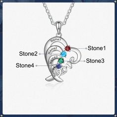 This Personalized Pendant Necklace Four Custom Names And Birthstones features stainless steel that will make this pendant last a lifetime because it´s made of high-quality silver that will never fade its color. Pick 4 custom names and 4 custom birthstones and share them with your loved ones. All of our products on Personalized Jewels are made with care and extreme attention to detail so you can get the best of the best! You can showcase your love by customizing this jewelry for that special one! Personalized Pendant Necklace, Personalized Pendant, Never Fade, Best Of The Best, Color Pick, Heart Love, Silver Pendant Necklace, Silver Pendant, Pendant Necklace