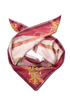 Printed on luxurious silk satin, this scarf features a charming design of pocket watches and jeweled belts, symbolizing the delicate balance of time and style. The intricate details and rich colors make this foulard a standout accessory, perfect for adding a touch of sophistication and playful charm to your wardrobe. Classic foulard size: Approx. 35" x 35". Once made famous by the likes of Audrey Hepburn, Sophia Loren and Grace Kelly, a foulard will always add a touch of elegance to your look. H Classic Gold Silk Scarf, Designer Pink Silk Scarf, Elegant Silk Scarves With Satin Finish, Elegant Silk Square Scarves, Pink Luxury Silk Scarf, Elegant Red Square Silk Scarf, Elegant Pink Scarf For Formal Occasions, Formal Satin Scarves With Satin Finish, Designer Silk Scarves For Formal Occasions