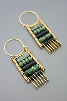 Gold plated brass hoops with green and black glass and gemstones. Each earring weighs .225 oz. and measures 2.25 inches long. Fringe Hoop Earrings, Crafted Earrings, Story Drawing, Brass Hoops, Handmade Glass Beads, Style Crush, Multi Strand Necklace, Gift Card Sale, Green And Black