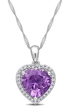 Pavé diamonds create a halo that frames a brilliant purple amethyst heart pendant that dangles from this giftable sterling silver necklace. 18" chain length, 0.67" pendant length Sterling silver/diamond/amethyst Imported Purple Heart Pendant, Purple Heart Cut Cubic Zirconia Jewelry, Valentine's Day Purple Diamond Jewelry, Purple Sterling Silver Diamond Cut Jewelry, Purple Diamond Jewelry Gift, Purple Diamond Cut Sterling Silver Jewelry, Purple Sterling Silver Jewelry Diamond Cut, Fine Jewelry Purple Diamond, Purple Diamond Fine Jewelry