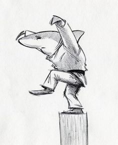 a pencil drawing of a man riding a shark on top of a wooden block in front of a white wall