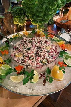 a platter filled with lots of food on top of an ice covered table next to a potted plant