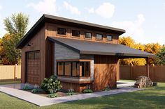 this is a computer rendering of a small cabin style house with an attached carport