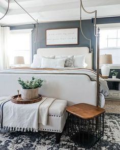 a bedroom with a white bed and blue walls