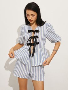 Tie-Front Stripe Shorts Set Home Vacation, Split Long Dress, Stripe Shorts, Bow Style, Long Midi Dress, Outerwear Outfit, Green Coat, Daily Dress, Swimwear Outfit