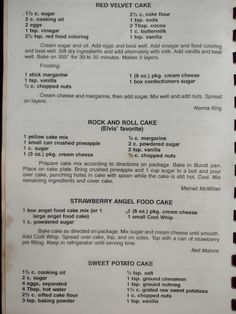 a menu listing the different types of cakes