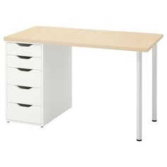 a white desk with four drawers on top and one drawer open to the other side