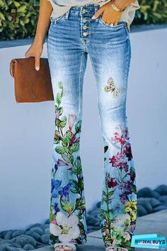 Suit Type, Cowgirl Dresses, Floral Print Pants, Painted Jeans, Floral Jeans, Floral Pocket, Pants Fit, Embellished Jeans, Floral Denim