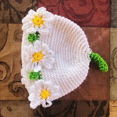 Darling handmade crochet knit baby girl cotton hats/beanies, white/yellow/green color. Available in sizes: -- 0-6 Months -- 6-18 Months --1 pc Hat -- Hand washing recommended. Bloodstone Necklace, Spring Hats, Lapis Lazuli Pendant, Paper Ribbon, Skull Cap Beanie, Ribbon Colors, Handmade Crochet, Hand Washing