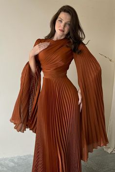 Chic Chiffon Dress For Banquet, Flowy A-line Evening Dress, Fall Wedding A-line Evening Dress, Pleated A-line Midi Dress For Dinner, Pleated Evening Dress For Banquet, Formal A-line Midi Dress With Draped Sleeves, Elegant A-line Maxi Dress For Dinner, Fitted Pleated Evening Dress For Wedding, Chic Evening Dress With Pleated Bodice For Banquet