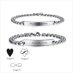 two personalized bracelets with names engraved on the front and back of each bracelet