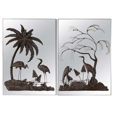 Pair Mirror Bird Panels For Sale at 1stDibs Large Wall Decorations, Chinoiserie Style, Decorative Table Lamps, Tropical Foliage, Large Wall Decor, Wall Decorations, Mercury Glass, Birds Flying, Lamps Living Room