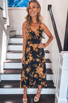 Floral Wrap Maxi Dress | Sophie & Trey Fall A-line Maxi Dress For Brunch, Floral Midi Sundress For Date Night, Chic Floral Print Maxi Dress For Date Night, Floral Midi Maxi Dress For Date Night, Chic A-line Sleeveless Dress For Fall, Chic V-neck Floral Dress For Date Night, Chic Floral Midi Sundress, Chic Flowy Floral Dress For Brunch, Fitted Long Sundress For Brunch