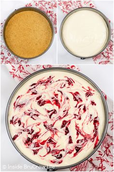 three images showing how to make the best red and white cake in a pie pan