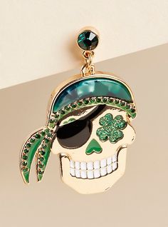 FIT Measures: 1. 15” x 1. 65”. . MATERIALS + CARE Base metal. Imported. . DETAILS Pirate detail. The best plus size women's lucky pirate statement earring earrings in green. Torrid is your destination for the freshest spring and summer styles. Torrid is your destination for plus size St. Patrick's Day merchandise. Trendy Green Metal Jewelry, Adjustable Novelty Single Earring Jewelry, Nickel-free Novelty Drop Earrings, Novelty Gold Metal Jewelry, Green Novelty Dangle Earrings, Gold Novelty Dangle Jewelry, Novelty Gold Dangle Jewelry, Green Metal Dangle Jewelry, Gold Novelty Drop Earrings