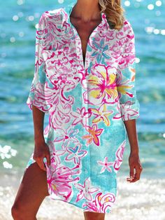 Floral Colorful Print Beach Shirt Dress Loose Shirt Dress, Resort Dress, Casual Beach Dress, Holiday Beach, Old Lady, Costume Intero, Girls Blouse, Island Vacation, Beach Shirt