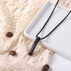 This 4 sides engraved custom black bar necklace is a simple, dainty, and perfect gift for your loved ones or yourself. The personalized pendant necklace is minimal, durable, and stylish. This 3d bar tag pendant with durable leather, Stainless steel is a perfect accessory for an anniversary gift for a man, a father's day, a birthday gift, or Valentine's gift for him. ♥ All 4 sides of this custom black bar necklace for men can be engraved. S I Z E ∙ AND ∙ M A T E R I A L S ■ Pendant Size: 1.18 Inc Minimalist Customizable Bar Necklace For Gifts, Customizable Silver Necklace For Father's Day, Customizable Necklace For Father's Day Gift, Father's Day Gift Necklace With Engraving Option, Engrave Necklace, Father's Day Gift Jewelry: Rectangular Pendant, Personalised Xmas Gifts, Personalized Pendant Necklace, Necklace Displays