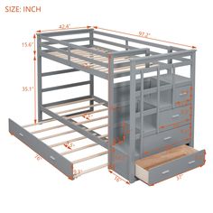 the bunk bed with drawers is shown in gray and features measurements for each mattress size