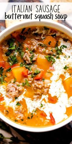 a bowl of italian sausage butternut squash soup