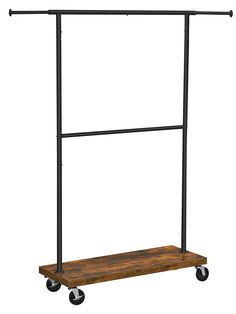 a black metal and wood garment rack with wheels on an isolated white background for display