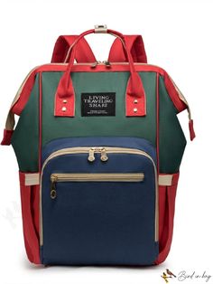 BirdinBag - Classic Color Block Backpack with Letter Patch Decor Green Large Capacity Satchel Backpack, Large Capacity Green Satchel Backpack, Large Capacity Green Shoulder Backpack, Green Satchel Backpack With Large Capacity, Multifunctional Green Backpack Bag, Green Rectangular Backpack With Large Capacity, Multicolor Large Capacity Backpack For School, Multifunctional Red Rectangular Bag, Green Travel Backpack With Removable Pouch