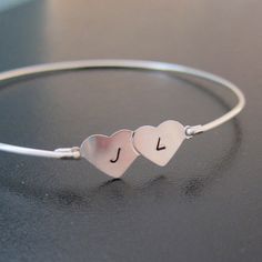 Two Hearts Bracelet Personalized Wedding Gift for by FrostedWillow, $31.95 Silver Heart Bracelets For Anniversary Gift, Silver Heart Bracelet For Anniversary Gift, Silver Heart Bracelets For Anniversary, Sterling Silver Bracelets With Initials For Anniversary, Silver Heart Name Bracelet For Personalized Gift, Silver Heart-shaped Name Bracelet For Personalized Gift, Personalized Double Heart Sterling Silver Bracelets, Personalized Sterling Silver Double Heart Bracelets, Personalized Silver Name Bracelet With Heart Shape