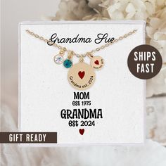 A personalized necklace for your Grandma or Grandmother to be with their grandkids birthstones and birth date. This Necklace makes the perfect gift from a child or grandchild. Make you grandma feel extra special with this ready made gift for their birthday or Christmas. ✨HOW TO ORDER NECKLACE 1. Select your necklace finish and chain length from the dropdown menu. 2. Select the number of birthstones from the dropdown menu. 3. Type your desired birth stones/months in the personalization box along Customizable Round Birthstone Necklace For Anniversary, Mother's Day Birthstone Necklace Gift, Custom Name Jewelry For Birthday And Mother's Day, Custom Name Jewelry For May Birthday, Adjustable Necklaces For Anniversary And Mother's Day, Customized Necklaces For Mother's Day, Mother's Day Birthstone Necklace With Name For Birthday Gift, Personalized May Birthstone Jewelry For Birthday, Mother's Day Birthstone Necklace With Birth Flower For Anniversary