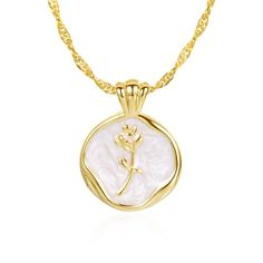 The "Golden Rose Pendant" intertwines the timeless elegance of a rose with the gentle shimmer of mother-of-pearl, creating a piece that speaks of lasting love and natural beauty. As a gift, it's a warm embrace in gold, offering a daily reminder of affection and inner grace. Perfect for self-adornment or as a token for someone dear, this pendant is a celebration of love's eternal bloom--a treasure to cherish, just like the bond it represents. Specification: Material: Gold setting and chain are Ve Elegant Rose Design Necklace For Mother's Day, Elegant Rose Necklace For Her, Luxury Rose Jewelry For Anniversary, Luxury Rose-colored Jewelry For Anniversary, Elegant Rose Jewelry For Mother's Day, Elegant Rose Necklaces For Valentine's Day, Elegant Roses Necklace For Mother's Day, Elegant Rose Detail Necklaces For Gifts, Elegant Rose Necklaces For Gifts