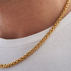 The Wheat Chain is the epitomé of understated cool! Four high-quality strands weave together to create a staple that makes every look on point. Get one today! Mens Chain Designs, Mens Neck Chains, Neck Chain For Men, Mens Gold Chain Necklace, Gold Neck Chain, Gold Necklace For Men, Real Gold Chains, Gold Chain Design, Mens Gold Jewelry