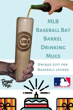 a person is pouring beer into a cup with the chicago cubs logo on it and another hand holding a baseball bat