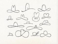 a drawing of many hats with different shapes and sizes on them, all drawn in one line