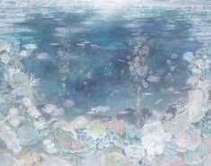 an underwater scene with blue water and white flowers on the bottom, surrounded by corals