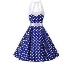 Brand New Women's 1950s Vintage Cocktail Dress Polkadots Halter Retro Vintage Rockabilly Swing Dress Elastic At The Back Comfortable And Beautiful High Waist Swing A-Line Dress Hidden Side Zipper 95% Cotton + 5% Spandex Matched A Underskirt Or Petticoat Will Be More Pretty Measures In Inches You Have Any Questions Let Me Know....Offers Are Accepted And Bundle Are Accepted To Reduce Shipping Cost Size Medium Bust 30/36 Waist 30/32 Length 41 Size Large Bust 32/38 Waist 30/34 Length 41 Blue And Whi Summer Vintage Dress For Retro Events, Summer Retro Vintage Dress For Retro-themed Events, Retro Summer Dresses For Retro-themed Events, Summer Retro Dresses For Retro-themed Events, Spring Pinup Dress For Retro-themed Events, Spring Retro-themed Pinup Dresses, 1950s Style Blue Summer Dress, 1950s Style Vintage Blue Dress, Sleeveless Blue Dress For Vintage Fashion