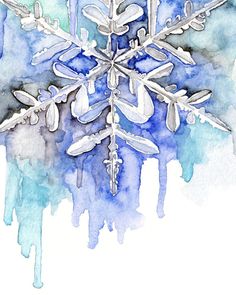 a watercolor painting of a snowflake with blue and white colors on it