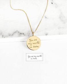 14mm 14K 9K Handwriting Charm Necklace, Personalized Handwritten Pendant, Engraved Disc Necklace, Custom Handwriting Jewelry, Solid gold layering necklace, BFF Gift, Gift for her, FREE EXPRESS SHIPPING Dainty solid gold disc charm necklace engraved with YOUR handwritten message. A personal and beautiful gift for every occasion! ------------------------------------------- D E T A I L S 14K Solid Gold or 9K Solid Gold Disc diameter: 14mm / approx. 0.55'' Personalized Handwriting - Both sides can b Custom Handwriting Jewelry, Handwriting Jewelry, Solid Gold Necklace, Gold Disc, Gold Charm Necklace, Bff Gifts, Disc Necklace, Gold Necklace Layered, Engraved Necklace