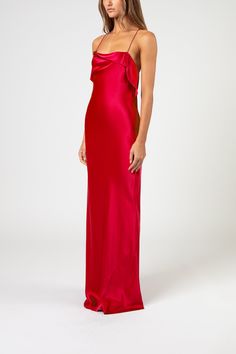 Bias gown with cowl and ruffles in pure silk satin. Features delicate spaghetti straps. Fully lined in silk. Imported. Composition: 100% silk Girl Prom, Cute Formal Dresses, Fancy Fits, Red Silk Dress, Prom Inspo, Prom 2024, Prom Queen, Dream Dresses, Silk Dress Long